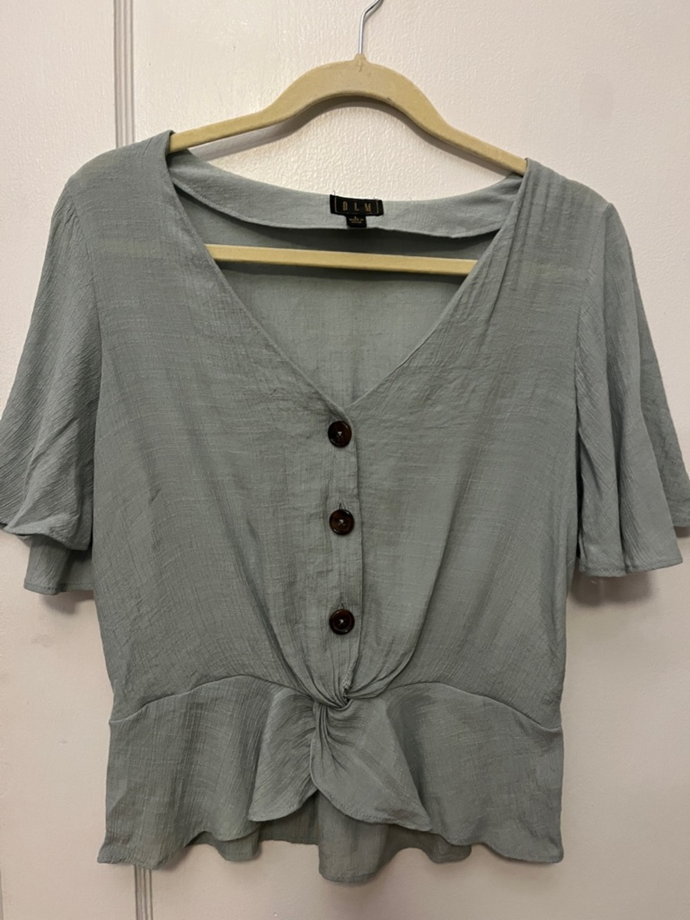 Light Sage Cropped Knot-Front Button Up Blouse
